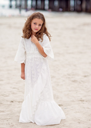 Ivory Lace Chiffon Cascading Ruffle Boho Beach Flower Girl Dress